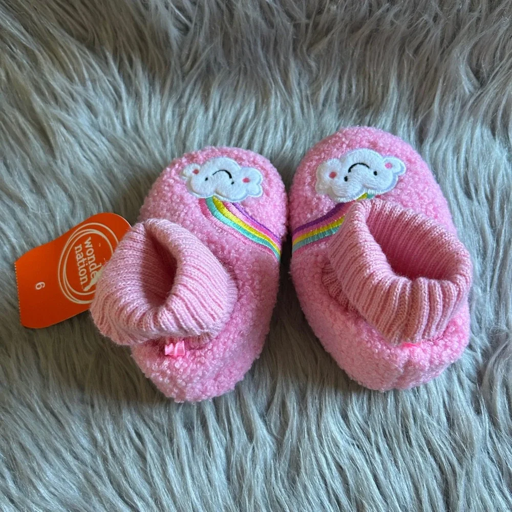 Wonder Nation Slippers Baby Girl Size 6 Pink Fuzzy Rainbow Shoes 18 Months NEW